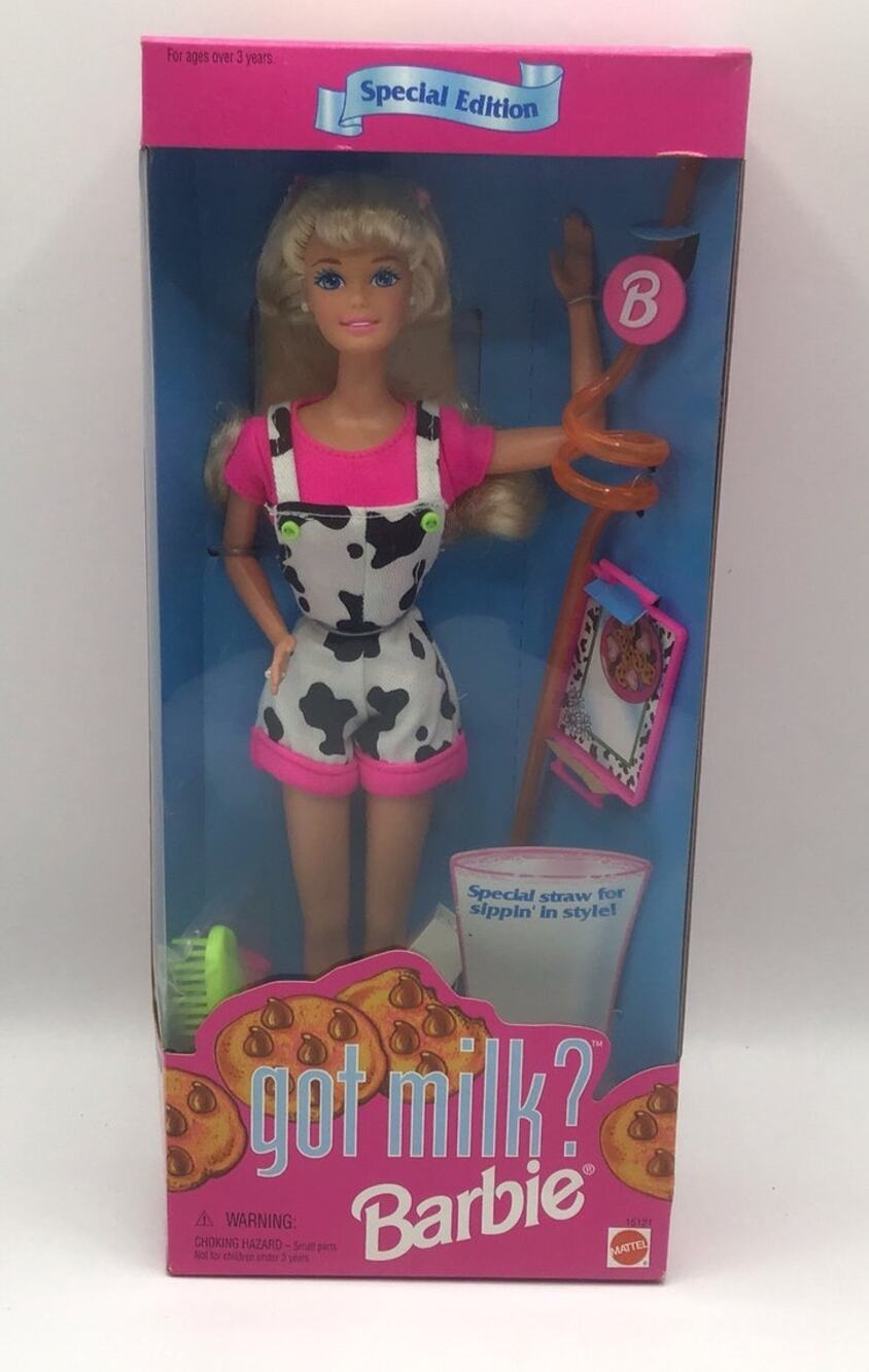 Vintage 1995 Got Milk Barbie Doll NIB Special Edition 15121 Cow Print Overalls